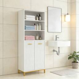 Hygrad Built to Survive Bathroom Tall Storage Cabinet Cupboard with 2 Laundry Baskets in White