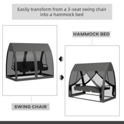 OUTSUNNY Swing Chair Lounger Bed Hammock 3 Person Mesh Wall Canopy Grey Garden Patio - thumbnail 4