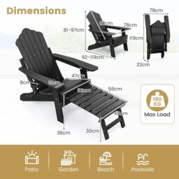 Costway Patio Adirondack Chair All-Weather Lounge Chair w/Retractable Footrest in Black - thumbnail 2