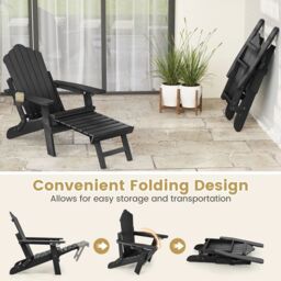 Costway Patio Adirondack Chair All-Weather Lounge Chair w/Retractable Footrest in Black - thumbnail 4
