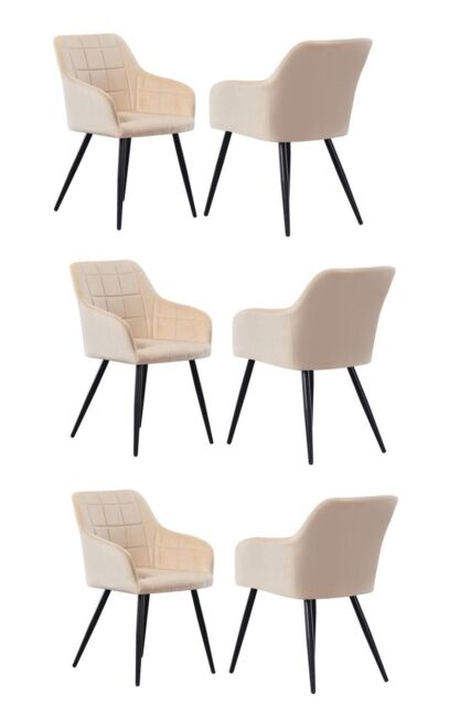 Set of 6 Camden Modern Velvet Dining Chairs with Armrests, Quilted Design & Black Metal Legs - image 1