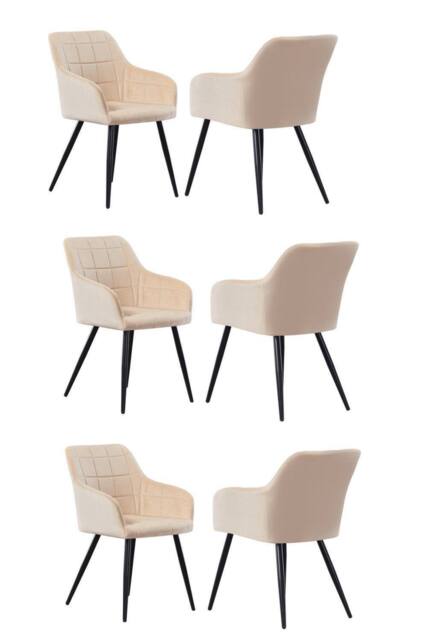 Life Interiors Set of 6 Camden Modern Velvet Dining Chairs with Armrests, Quilted Design & Black Metal Legs in Cream - image 1