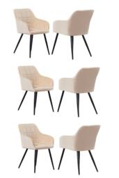 Life Interiors Set of 6 Camden Modern Velvet Dining Chairs with Armrests, Quilted Design & Black Metal Legs in Cream