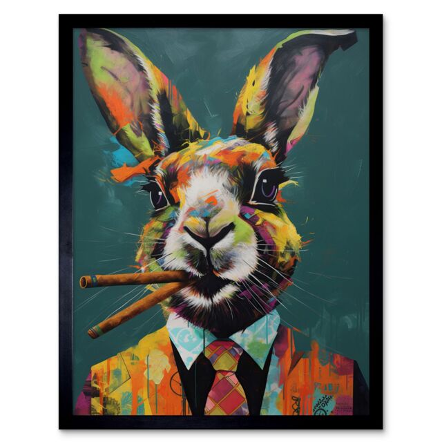 "Artery8 Wall Art Print Rabbit with Cheroot Cigars Wearing Suit Modern Art Framed in Black - Size: W12"" x H16""" - image 1