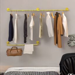 Pirlo Plush Industrial Adjustable Heavy Duty Pipe Wall-Mounted Hanging Rail in Gold - thumbnail 1