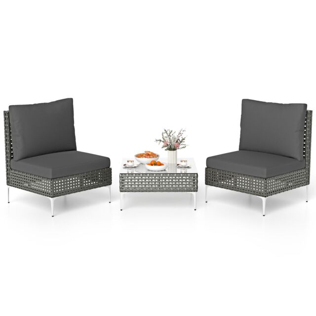 Gymax 3 Pieces Patio Bistro Set PE Rattan Furniture Set With Coffee Table in Grey - image 1