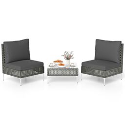 Gymax 3 Pieces Patio Bistro Set PE Rattan Furniture Set With Coffee Table in Grey