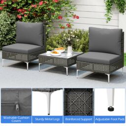 Gymax 3 Pieces Patio Bistro Set PE Rattan Furniture Set With Coffee Table in Grey - thumbnail 7