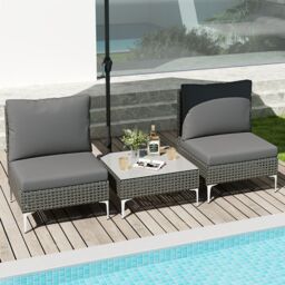 Gymax 3 Pieces Patio Bistro Set PE Rattan Furniture Set With Coffee Table in Grey - thumbnail 3