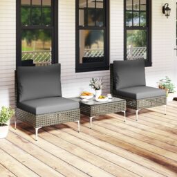 Gymax 3 Pieces Patio Bistro Set PE Rattan Furniture Set With Coffee Table in Grey - thumbnail 5