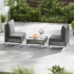 Gymax 3 Pieces Patio Bistro Set PE Rattan Furniture Set With Coffee Table in Grey - thumbnail 4