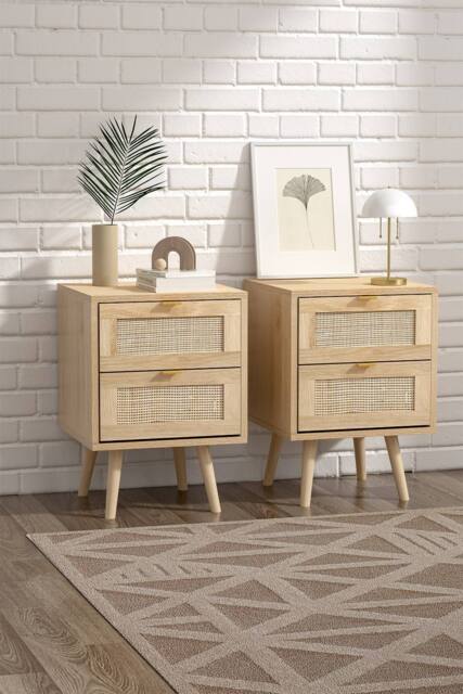 H&O Direct Set of 2 Wood & Rattan Side Cabinet Bedside Cabinet in Natural