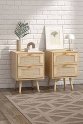 H&O Direct Set of 2 Wood & Rattan Side Cabinet Bedside Cabinet in Natural