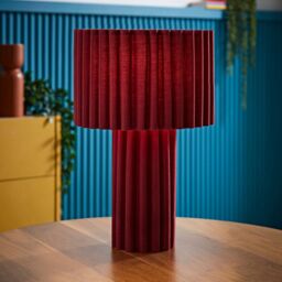 ValueLights Lenny Drum Lamp Shade Colour Drench Ribbed Fabric Table Lamp with Bulb in Burgundy