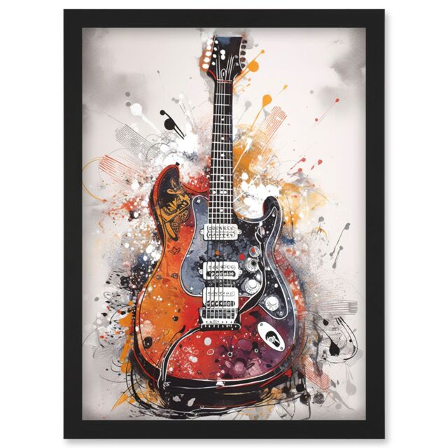 Artery8 Electric Mandolin Guitar Instrument Modern Watercolour Illustration Artwork Framed Wall Art Print A4 in Black - image 1