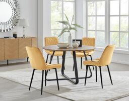 FurnitureboxUK Santorini Brown Round Dining Table & 4 Pesaro Black Leg Chairs in Mustard