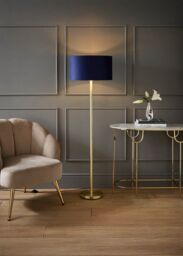 ValueLights Charlie Gold Stem Floor Lamp with Velvet Drum with Gold Inner Shade & LED Bulb in Dark Navy
