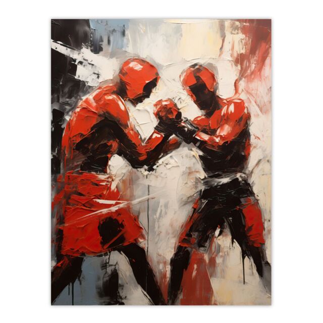 "Artery8 Wall Art Print The Red Boxers Boxing Sparring Oil Painting Action Sport Artwork Poster - Size: W12"" x H16""" - image 1