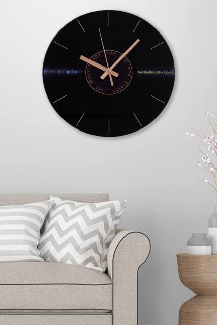 Living and Home 30cm Dia Round Vinyl Record Style Wall Clock with Gold Needle in Black