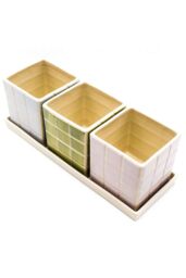 Upper Street Home Set Of 3 Ceramic Flower Pots On Tray, Cool Pastel Colour Planters, Plant Pot Display, Indoor Plant Containers in Light Blue - thumbnail 3