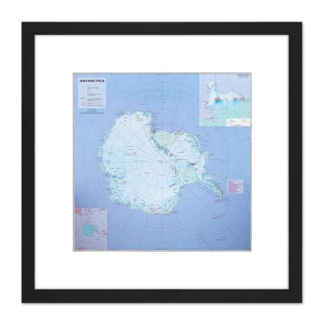 Artery8 Antarctica Map Information 8X8 Inch Square Wooden Framed Wall Art Print Picture with Mount in Black - image 1