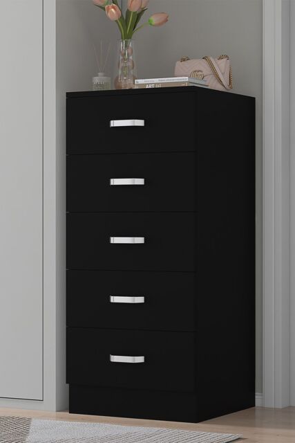 FWStyle 5 Drawer Tall Slim Space Saving Chest Of Drawers - Matt Black - image 1