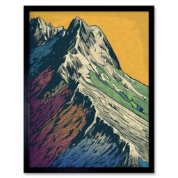"Artery8 Wall Art Print Multicoloured Mountain Range Peaks Pop Art Linocut Art Framed in Black - Size: W12"" x H16""" - thumbnail 1