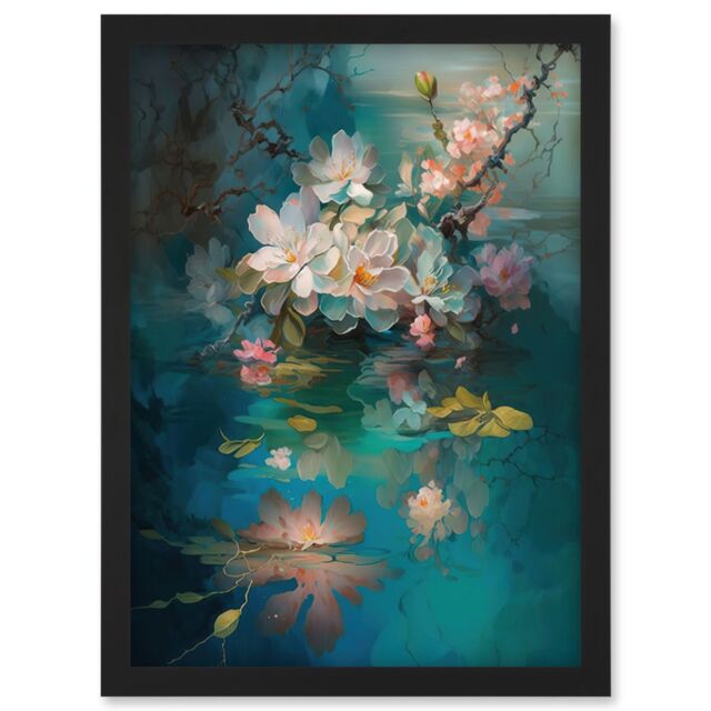 Artery8 Low Hanging Cherry Blossom Branch in River Stream Modern Watercolour Painting Artwork Framed Wall Art Print A4 in Black - image 1