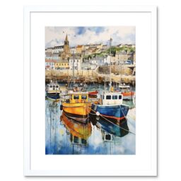 Artery8 Wall Art Print Penzance Harbour Trawler Boats Promenade Watercolour Painting Cornwall Coastal Townscape Artwork Framed 9X7 Inch - thumbnail 1