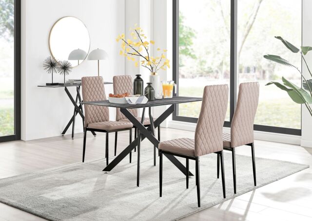 FurnitureboxUK Leonardo Grey Glass Marble Effect Black Leg Table & 4 Milan Black Leg Chairs in Beige - image 1