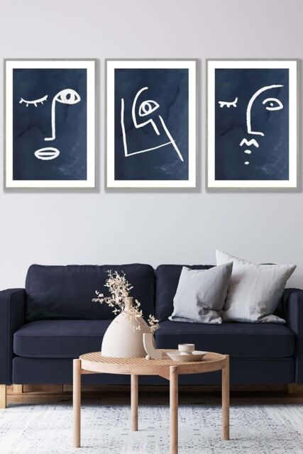 ARTZE Set of 3 Light Grey Framed Navy & White Abstract Line Art Faces Wall Art - Size: W33 cm x H45 cm x D20mm - image 1