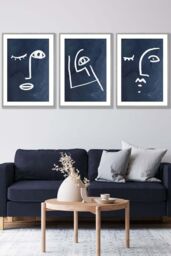 ARTZE Set of 3 Light Grey Framed Navy & White Abstract Line Art Faces Wall Art - Size: W33 cm x H45 cm x D20mm - thumbnail 1