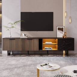 BTM 200 cm TV cabinet, black marble look, LED, 2 doors & 2 drawers - thumbnail 2
