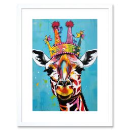 "Artery8 Wall Art Print Giraffe Wearing Princess Crown Modern Folk Artwork Framed 9X7 Inch in White - Size: W7"" x H9""" - thumbnail 1