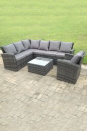 Fimous 7 seater high back mixed rattan corner sofa set chair square coffee table outdoor furniture in Dark Grey - thumbnail 3