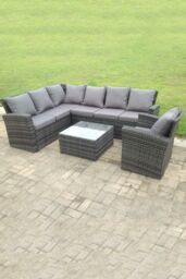 Fimous 7 seater high back mixed rattan corner sofa set chair square coffee table outdoor furniture in Dark Grey - thumbnail 1