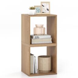 Costway 2 Pieces Decorative Cube Storage Organizers Wooden Vinyl Record Storage Cubes in Natural - thumbnail 1