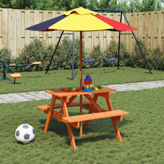 Berkfield Home Picnic Table for 4 Kids with Umbrella Hole Solid Wood Fir in Brown - image 1
