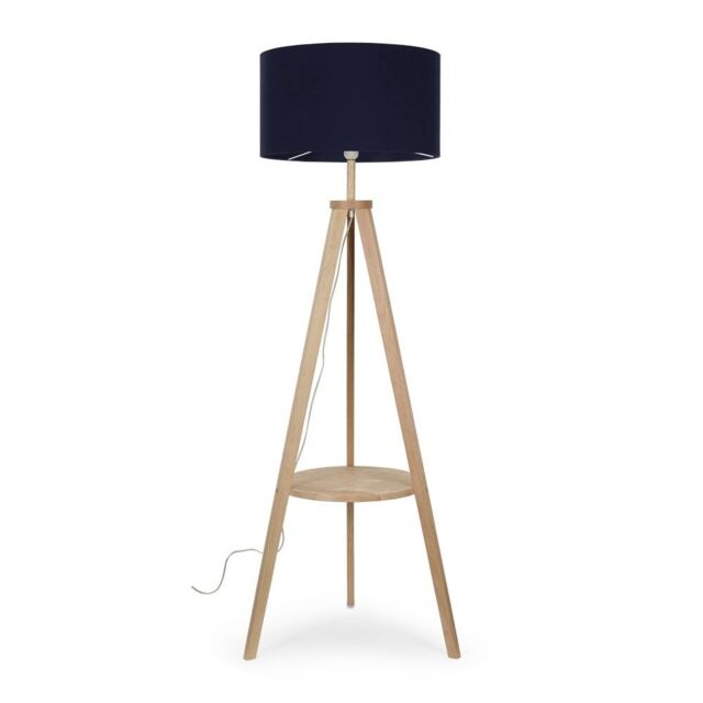 ValueLights Morrigan Natural Wood Tripod Floor Lamp with Fabric Drum Lamp Shade in Dark Navy - image 1