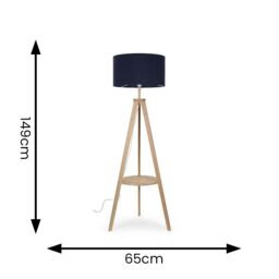 ValueLights Morrigan Natural Wood Tripod Floor Lamp with Fabric Drum Lamp Shade in Dark Navy - thumbnail 5