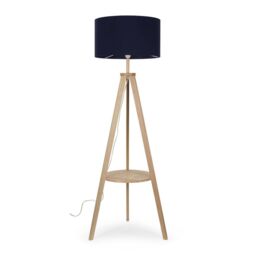ValueLights Morrigan Natural Wood Tripod Floor Lamp with Fabric Drum Lamp Shade in Dark Navy - thumbnail 1