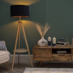 ValueLights Morrigan Natural Wood Tripod Floor Lamp with Fabric Drum Lamp Shade in Dark Navy - thumbnail 3