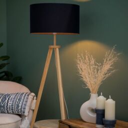 ValueLights Morrigan Natural Wood Tripod Floor Lamp with Fabric Drum Lamp Shade in Dark Navy - thumbnail 4