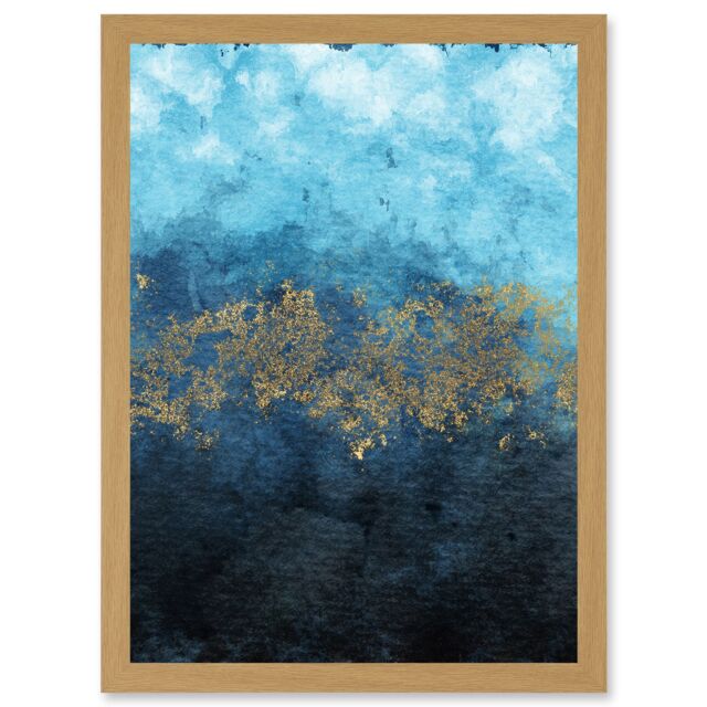 Artery8 Abstract Blue & Gold Watercolour Modern Artwork Framed Wall Art Print A4 in Light Oak - image 1