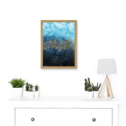 Artery8 Abstract Blue & Gold Watercolour Modern Artwork Framed Wall Art Print A4 in Light Oak - thumbnail 2