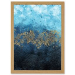 Artery8 Abstract Blue & Gold Watercolour Modern Artwork Framed Wall Art Print A4 in Light Oak - thumbnail 1