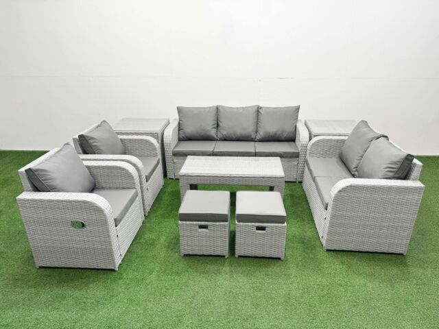 Fimous PE Rattan Garden Furniture Set Adjustable Chair Sofa Double Love Seat 2 Seater Sofa Lounge Set Rectangular Coffee Table 2 Stools 2 Side Table - image 1