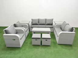 Fimous PE Rattan Garden Furniture Set Adjustable Chair Sofa Double Love Seat 2 Seater Sofa Lounge Set Rectangular Coffee Table 2 Stools 2 Side Table - thumbnail 2
