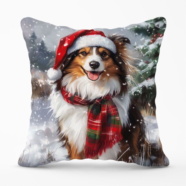 Warren Reed - Designer Snowy Christmas Shetland Sheepdog Cushion in Brown - Size: 45 cm x 45 cm - image 1