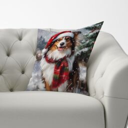 Warren Reed - Designer Snowy Christmas Shetland Sheepdog Cushion in Brown - Size: 45 cm x 45 cm - thumbnail 3